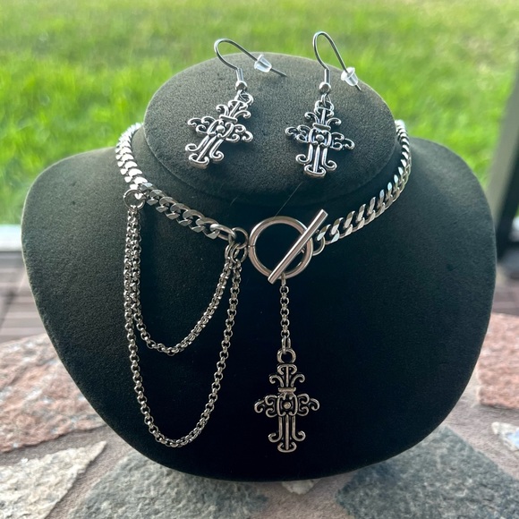 Cuban chain stainless steel with dangly cross gothic charm choker necklace set - Picture 11 of 12